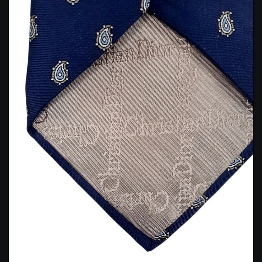 Vintage Christian Dior Tie Classic Navy Blue Small Print. 100% Silk